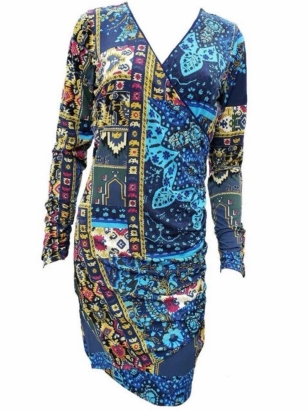 Hale Bob Multicolor Blue & Yellow Patchwork Paisley Wrap Dress